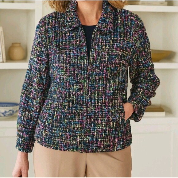 Women's Coldwater Creek Size 14 Multicolor Black Tweed Wool Blend Blazer Jacket - Picture 1 of 6